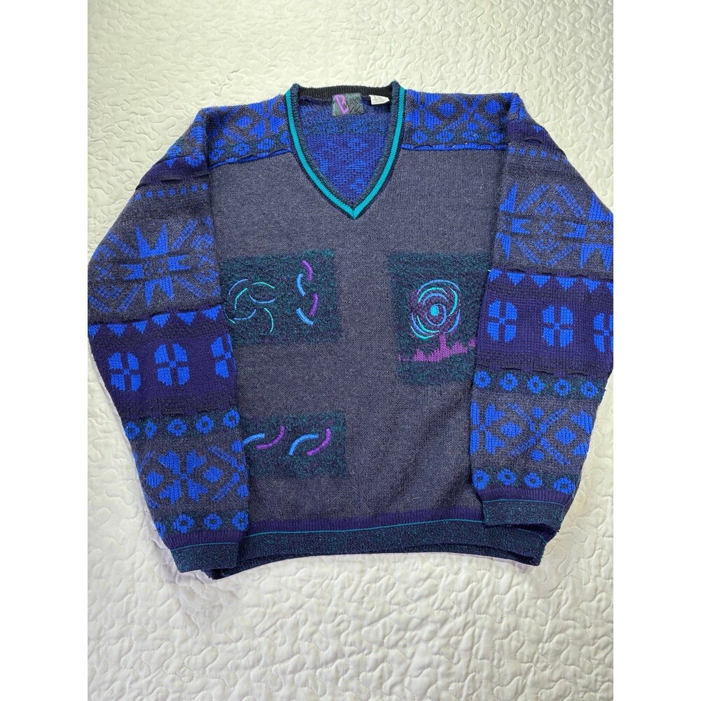 Vintage B Max Men’s Retro Blue Abstract Vneck Knit Sweater size large